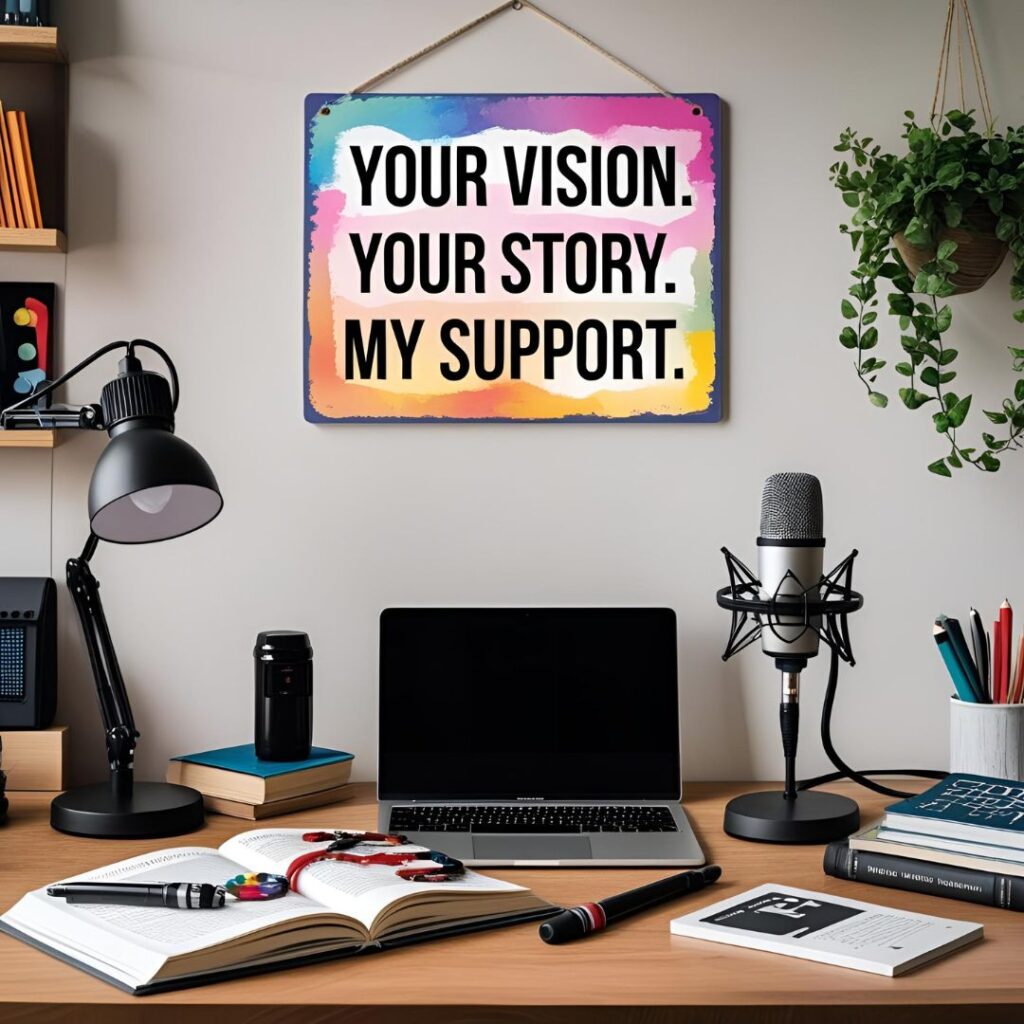 Creative workspace with microphone, laptop, books, and a colorful sign that reads "Your Vision. Your Story. My Support."
